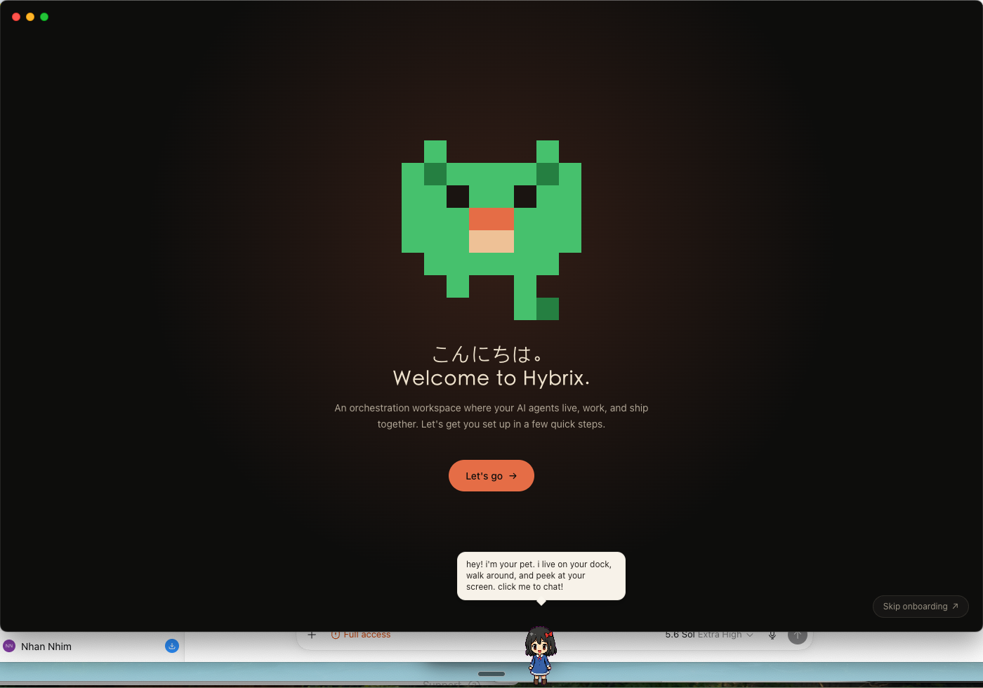 Hybrix onboarding screen with a personal AI companion living in the desktop dock